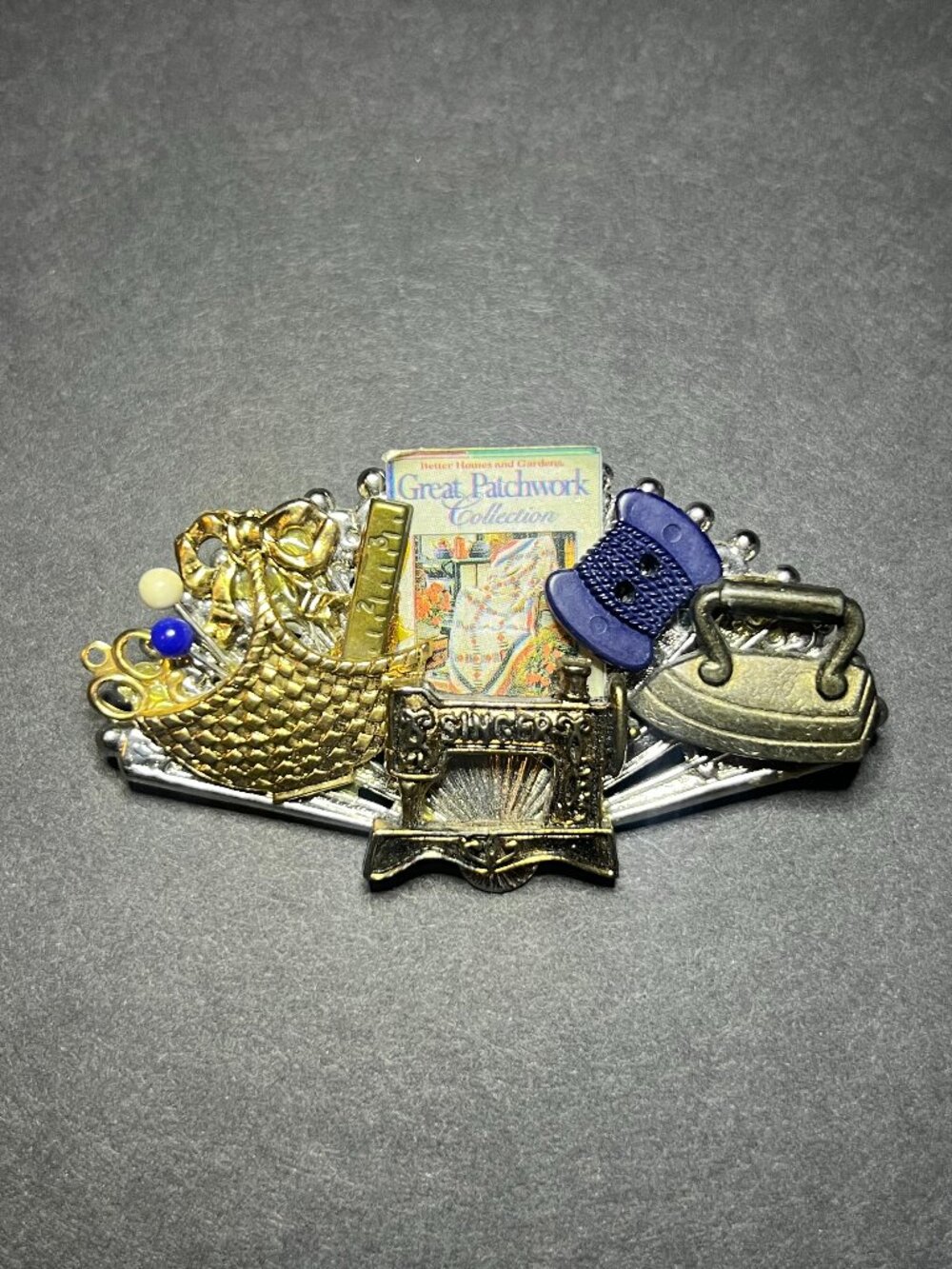 Vintage Handcrafted Singer Sewing Machine, Iron, Spool & Supplies Collage Brooch